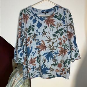Blue and Gray Bell Sleeve Pop‎ Over Top 1X